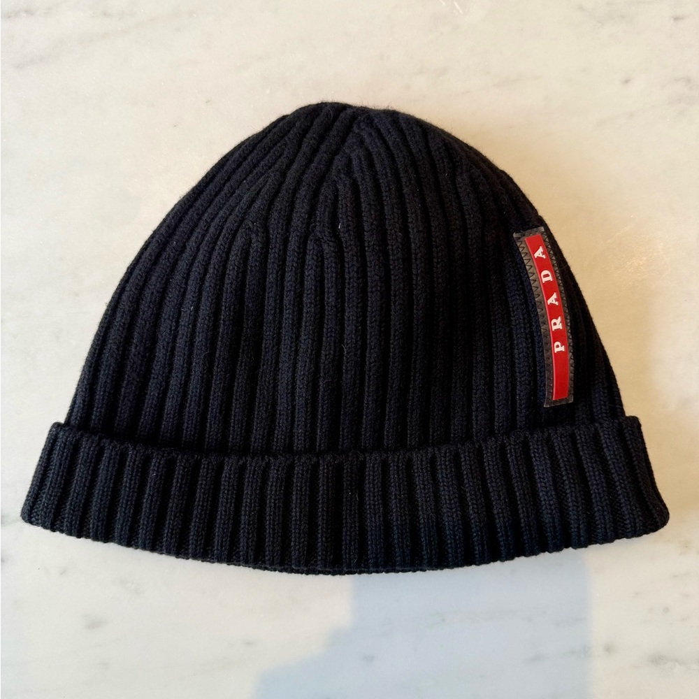 Authentic Prada Black Wool Ribbed Knit Beanie
